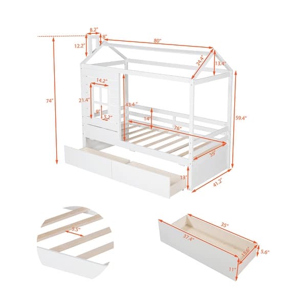 Twin House Bed with Drawers & Guardrails - Sturdy Wooden Frame for Kids