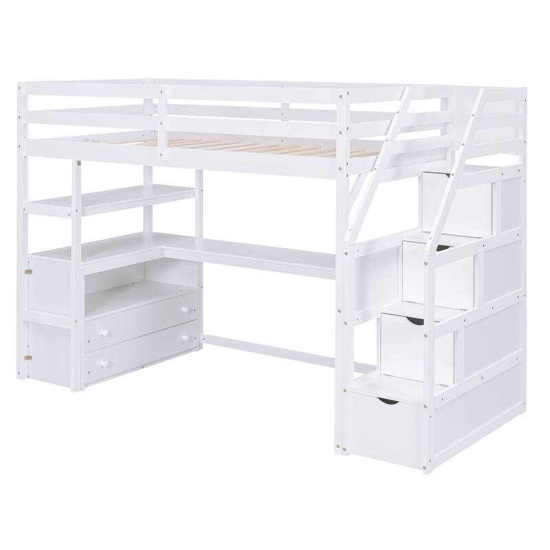 Twin Loft Bed with Desk, Shelves, Storage Staircase, and Two Drawers in White