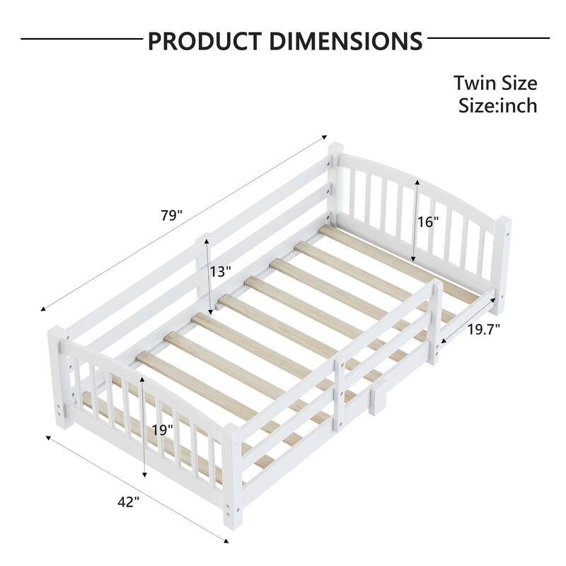 Montessori Solid Pine Floor Bed with Full-Length Safety Fence & Slatted Base by Harper&Bright Designs