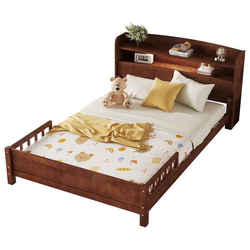Full Size Platform Bed with LED Motion Sensor Light, Bookcase, And Adjustable Guardrails