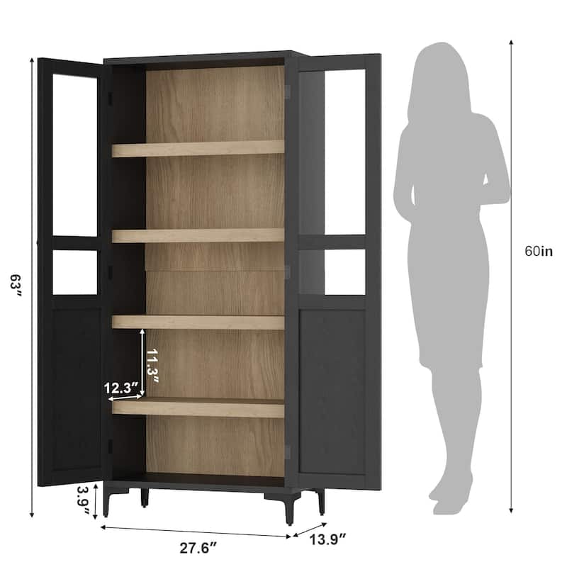 Tall Storage Cabinet,2 Glass Doors, Kitchen Pantry 5 Tier Bathroom Cabinet