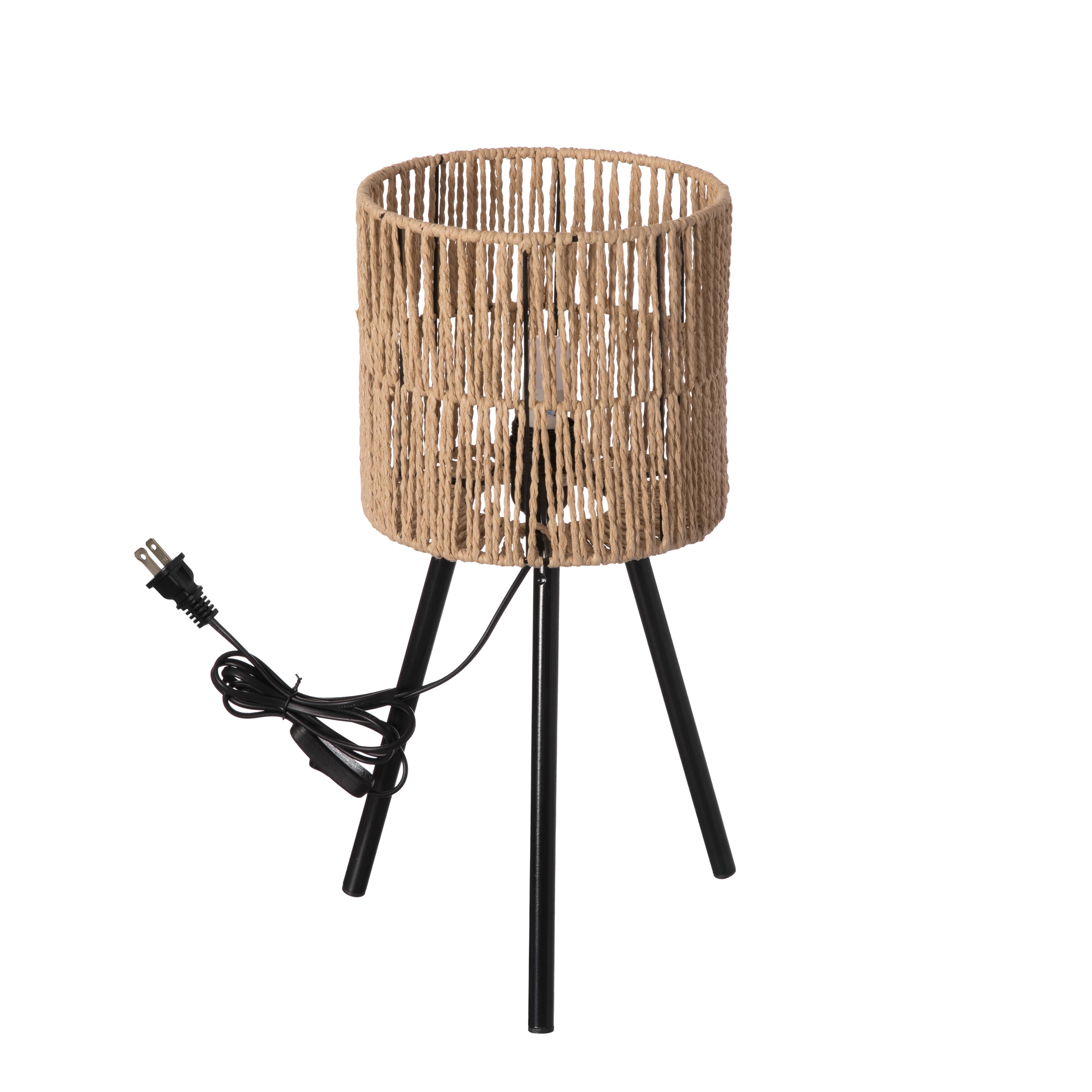 Woven Designed Bamboo Tripod Floor Lamp with Plug in Cord On and