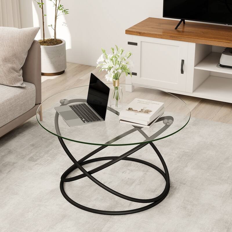 Tempered Glass Top Round Coffee Table with Metal Base