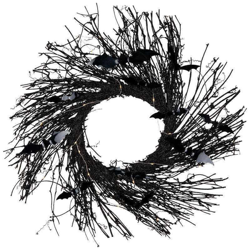 Lighted Halloween Twig Wreath with Bats - Warm White LED Lights - 22" - Black
