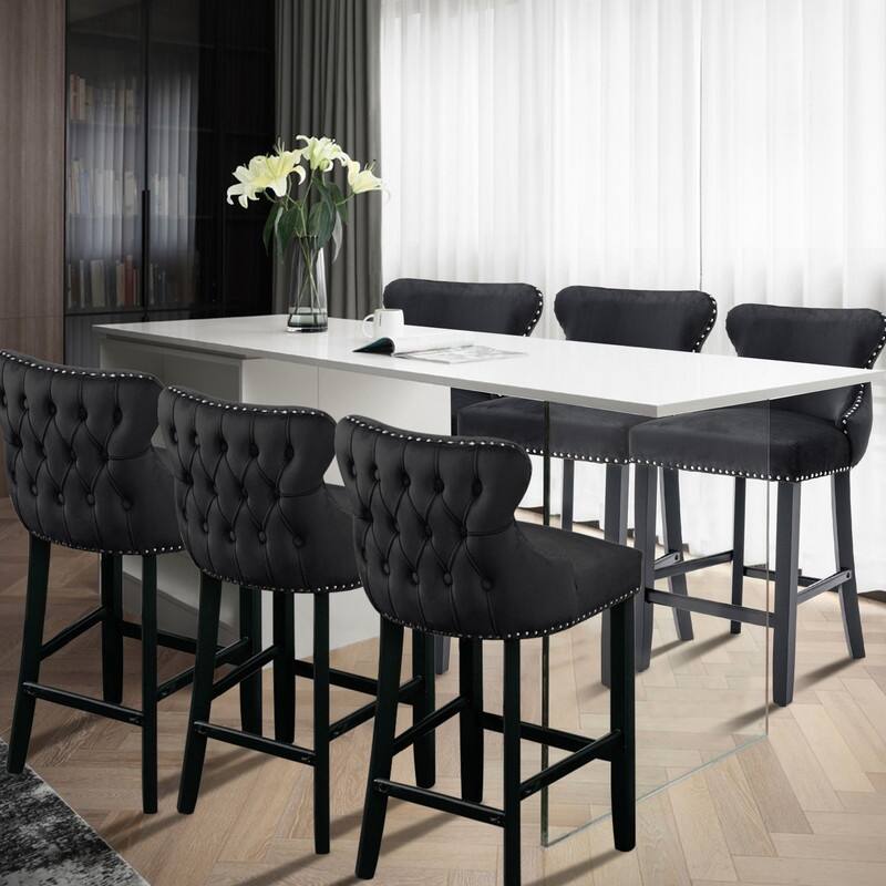 Button Tufted Velvet Wing-Back Barstools Set of 4