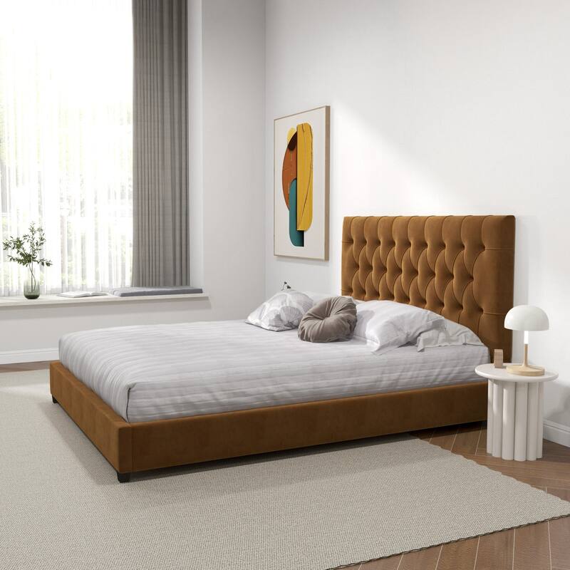 Queen Platform Bed with Plush Cognac Velvet Upholstery, Mid Century Modern Design, Tufted Elongated Headboard, Solid Wood Legs