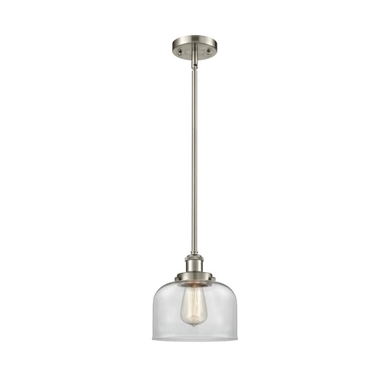 Innovations Lighting Large Bell 8" Wide Mini Pendant - Rod Hung - Brushed Satin Nickel / Clear