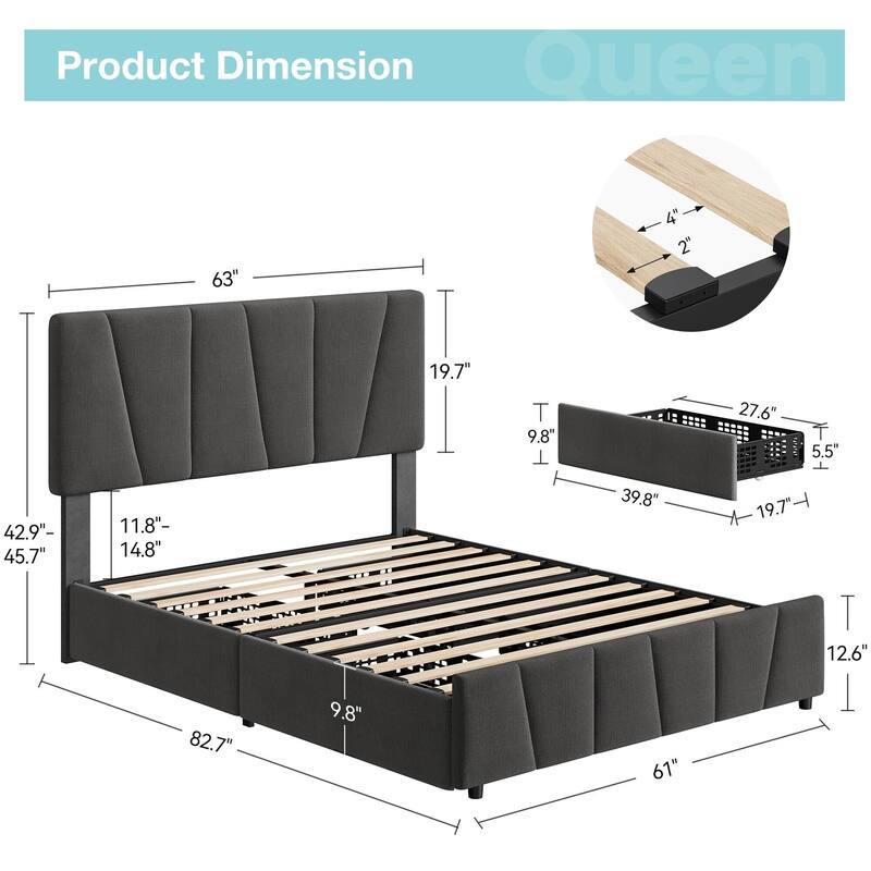 Platform Bed Frame with 4 Storage Drawers and Headboard