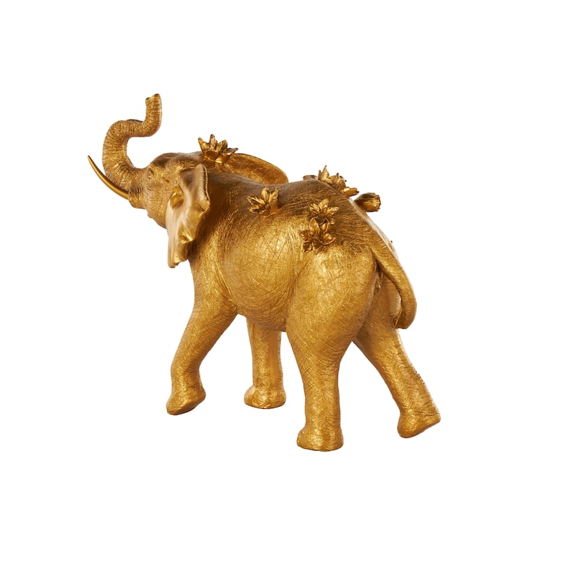 Gold Resin Walking Elephant Decorative Sculpture with Floral Accents - 9"W x 22"L x 19"H