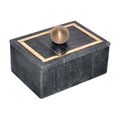 Rectangular Marble Storage Box with Knob - 7" - Black and Gold
