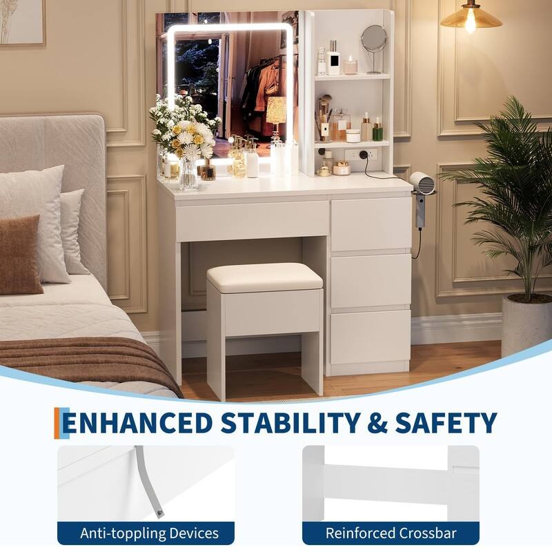 Vanity Desk with LED Mirror, Charging Ports, Storage Stool, Drawers, Hair Dryer Holder