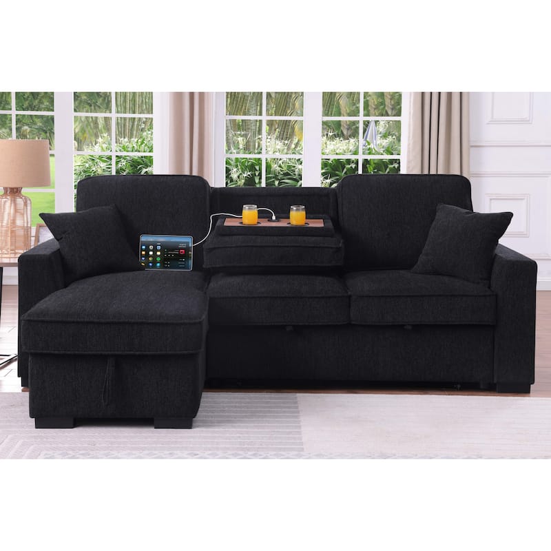 Chenille Reversible Sectional Sofa Convertible Pull Out Couch Bed