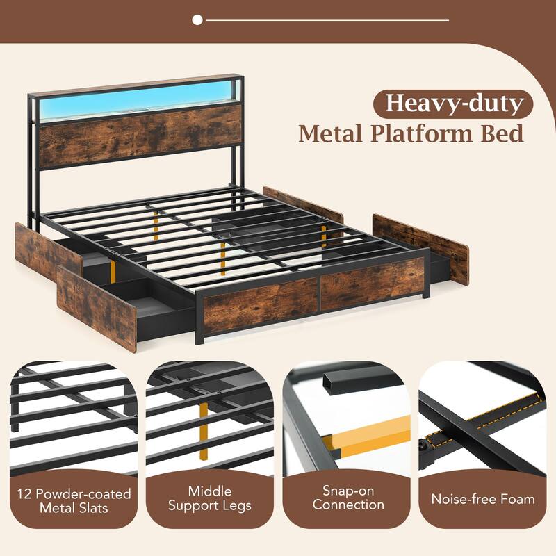 Gymax Queen Size LED Bed Frame w/2-Tier Storage Headboard & 4 Drawers