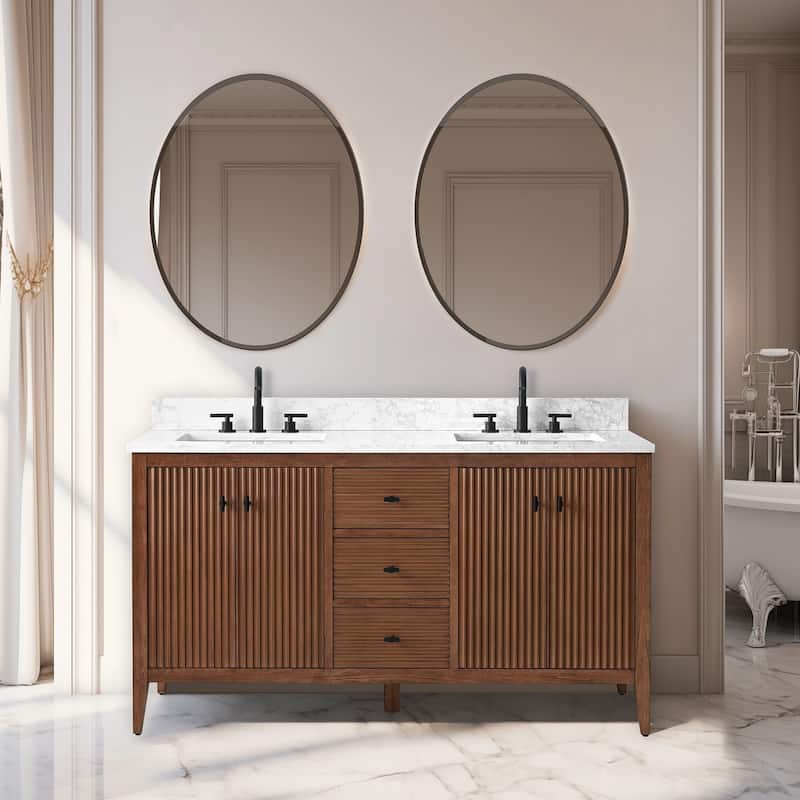 Vanity Art 60" Double Sink Bathroom Vanity Cabinet with Engineered Marble Top