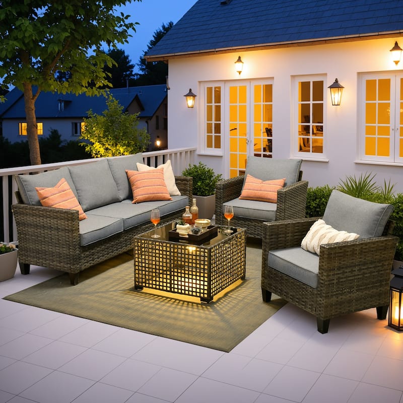 OVIOS 4 Pieces Patio Furniture Wicker Set with Solar-Powered Coffee Table