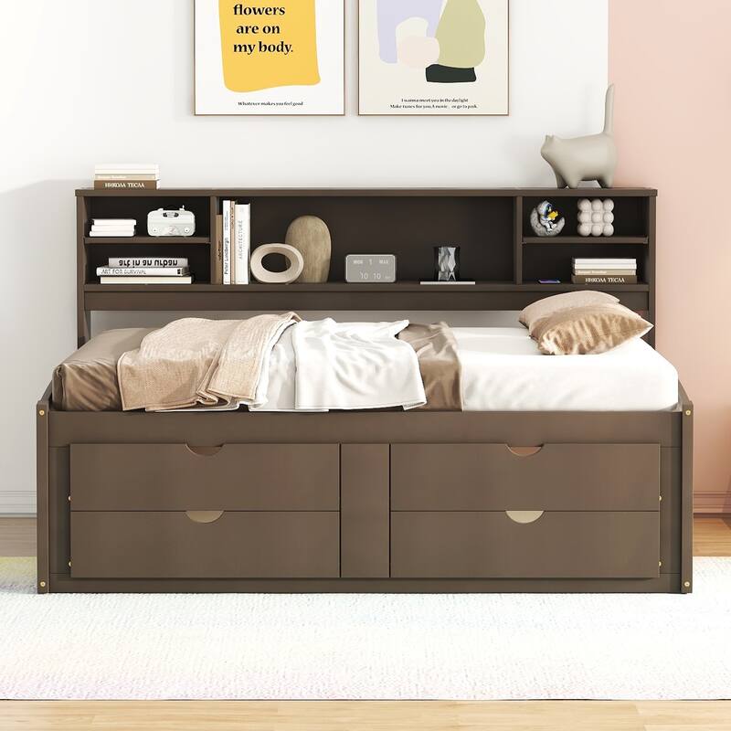 Modern Full Size Daybed with Storage - 2 Bedside Cabinets, Shelves, and Drawers - White/Grey/Antique Brown.