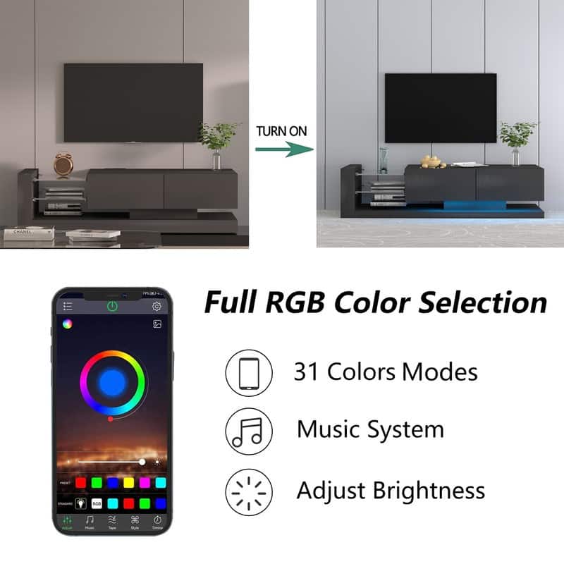 Modern RGB LED TV Stand with Storage Cabinets - 31 Color Modes, App & Remote Control, Built-in Power Outlets