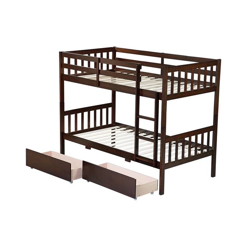Convertible Twin Over Twin Bunk Bed with 2 Drawers, Ladder, and Safety Guardrails, Espresso Finish