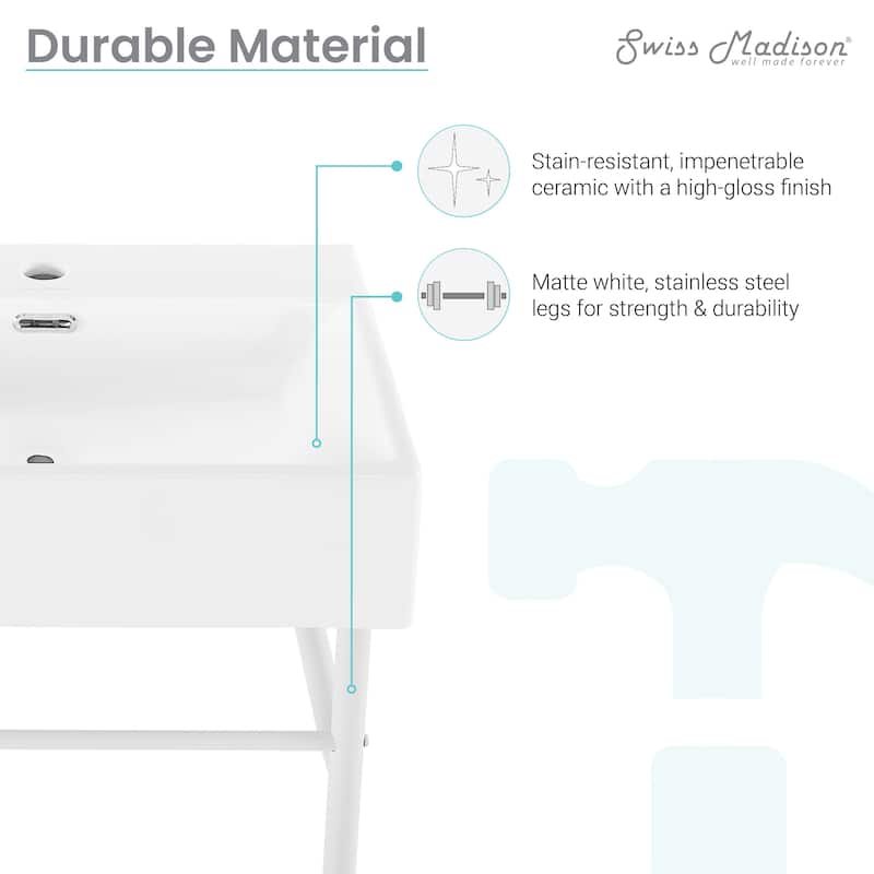 Reims 24 Ceramic Console Sink White Basin Matte White Legs - 16.55" x 35.45" 24"