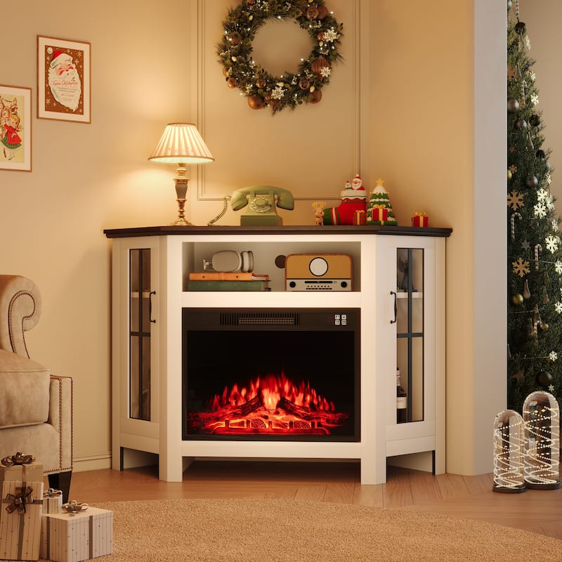Walnut Corner Fireplace TV Stand Cabinet with 23" Electric Fireplace, Accommodates TVs up to 55", Remote Control Included