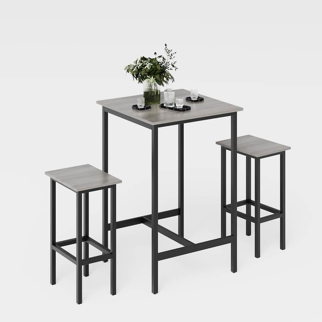Minimalist Bar Set with 2 Stools, Grey Dining Table Coffee Table Breakfast Nook with Backless Stools