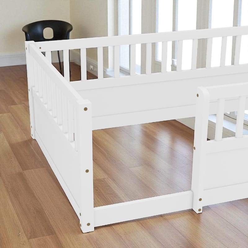Twin/Full Montessori Floor Bed with High Fence & Open Door, Solid Pine, Playroom/Bedroom, No Box Spring