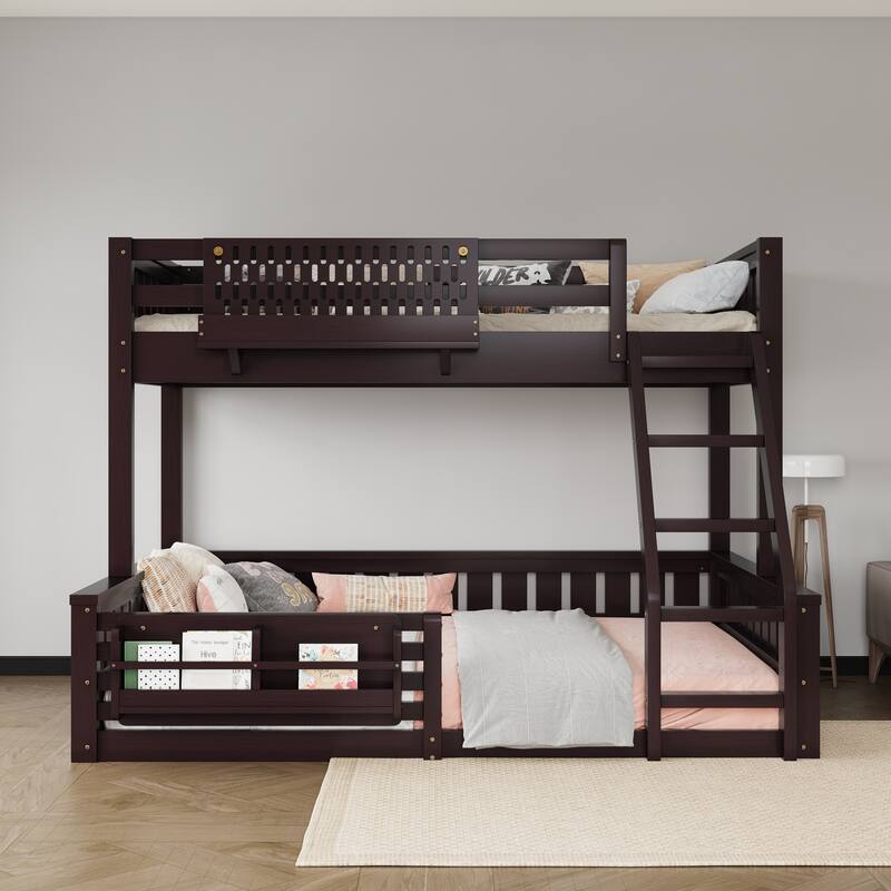 Wooden Bunk Bed of 3 Kinds Size with Pegboard, Bookshelf and Guardrails, Detachable Bunk Bed Convertible 2 Platform Beds - Espresso - Twin XL