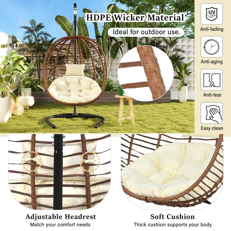 Roomfitters Single Person Folding Egg Chair with Stand, UV Resistant Wicker Rattan Swing for Patio, Garden