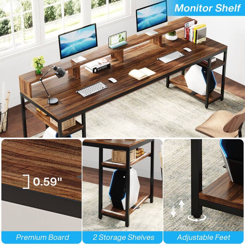 Two Person Desk Long Computer Desk with Monitor Stand and Storage Shelves