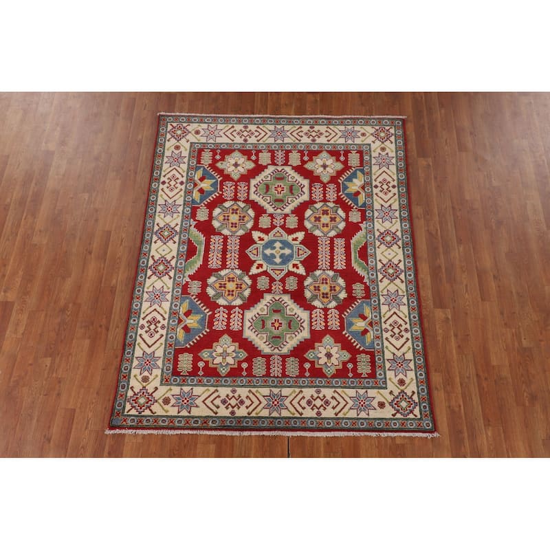 Red Geometric Kazak Rug Handmade Geometric Wool Carpet - 5'0" x 6'5"