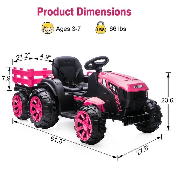 dimension image slide 0 of 3, Kids Ride On Tractor with Trailer, 12V Battery Powered Electric