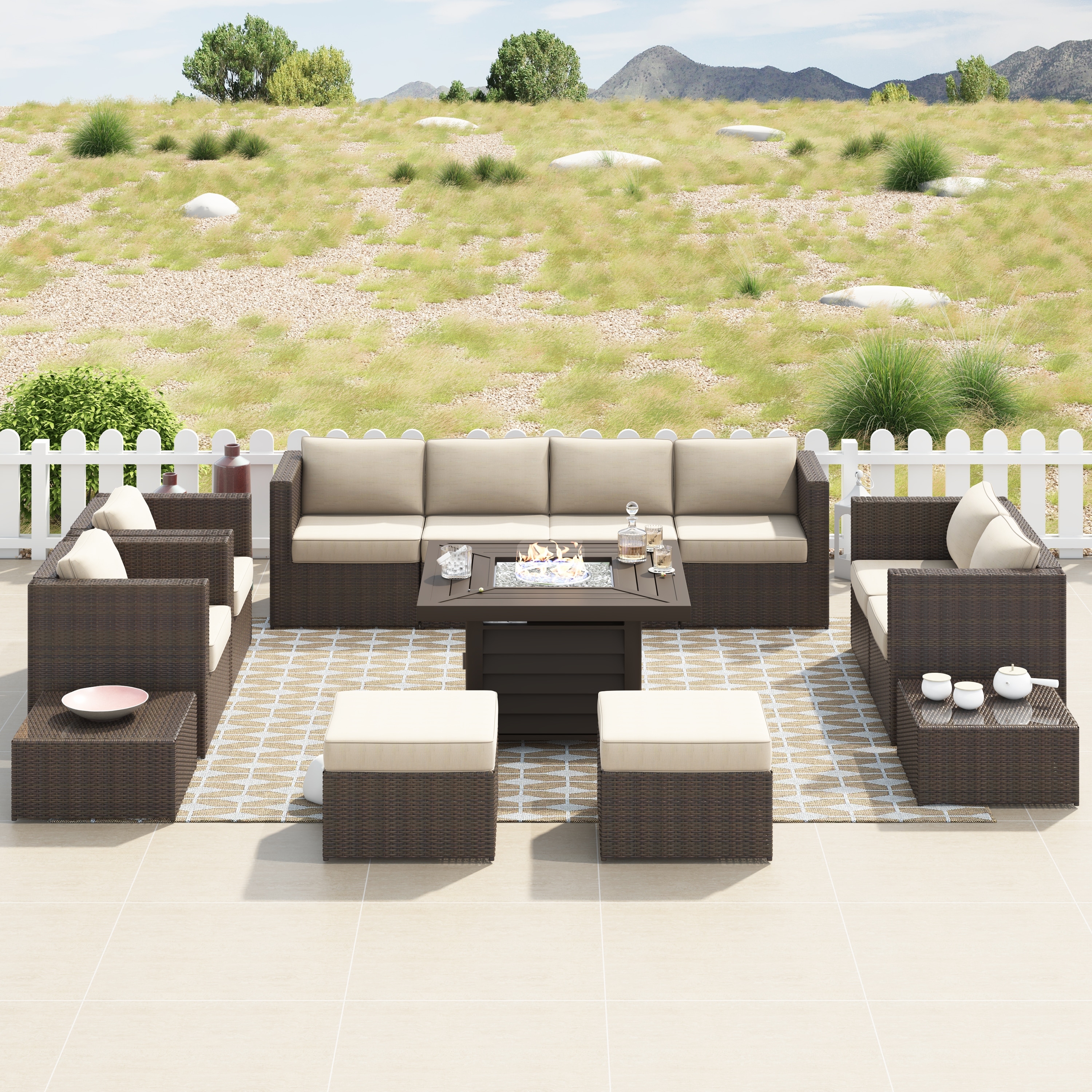 Corvus Trey 13 piece Woven Wicker Sectional Patio Furniture Set with Fire Table