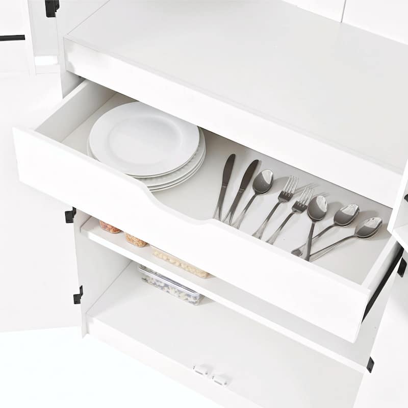 72" Tall Farmhouse Kitchen Pantry Cabinet, 8 Door Shelves, Curved Design Storage Cabinet with 3 Adjustable Shelves