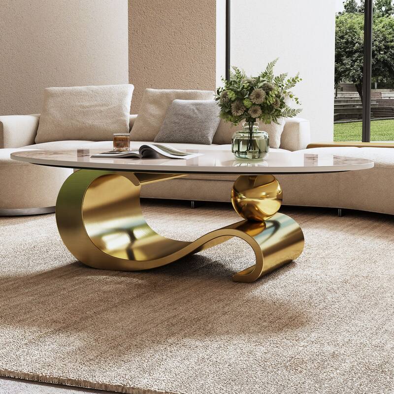 49.2 Inch Imitation Marble Oval Coffee Table Modern Center Table with Stainless Steel Base, for Living Room