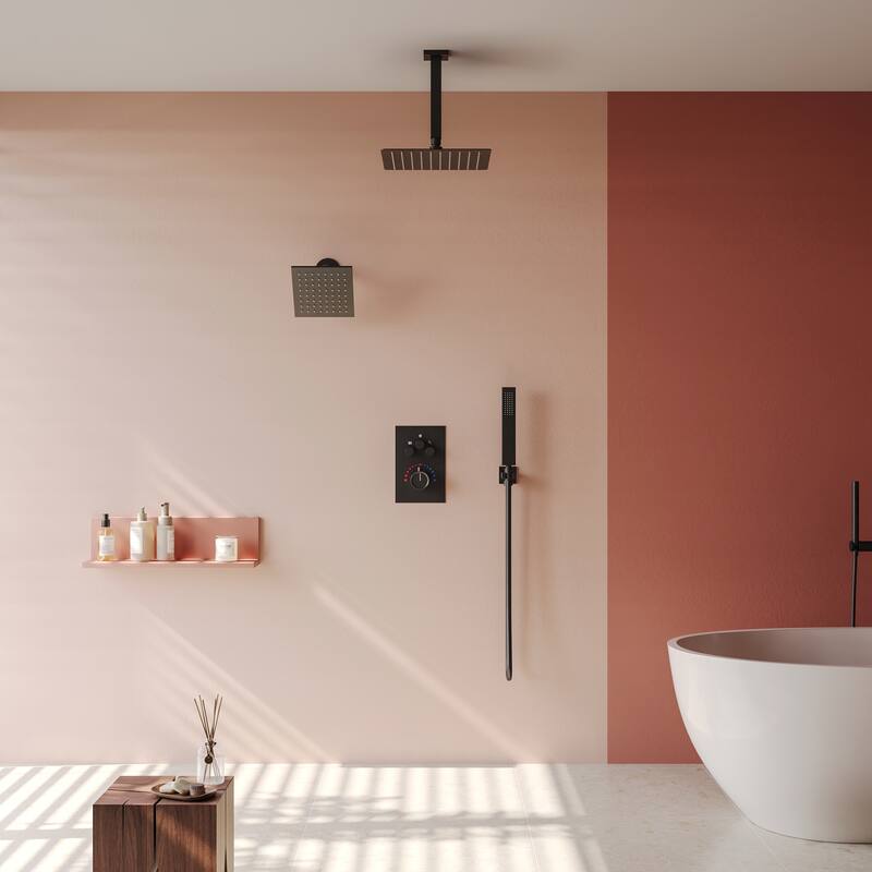 Dual Heads 12" Rainfall Shower head & High Pressure 6" Shower System w/ 3 Way Thermostatic Faucet