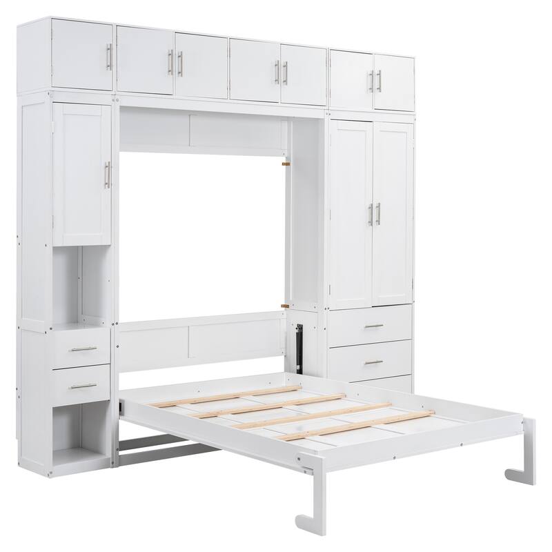 Space-Saving Full Size Murphy Bed with Storage Lockers & Wardrobes, White