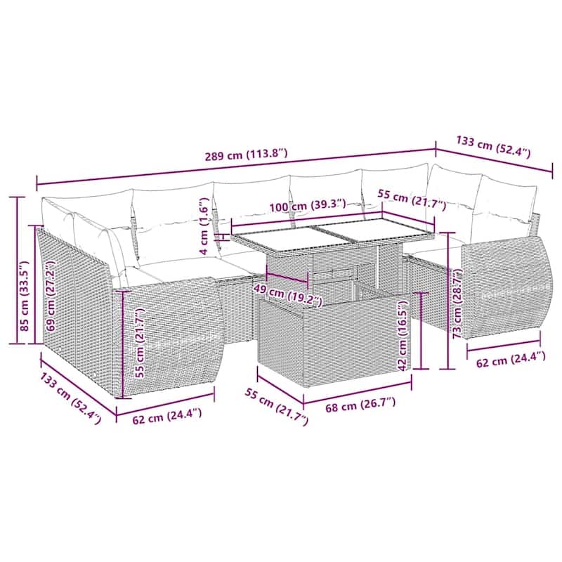 vidaXL Patio Sofa Set with Cushions and Table Outdoor 8 Piece Poly Rattan - 24.4 x 24.4 x 27.2