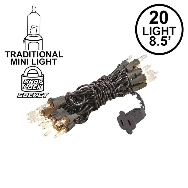 20 Light Clear Christmas Craft Mini Light Set, Brown Wire, 8' Long