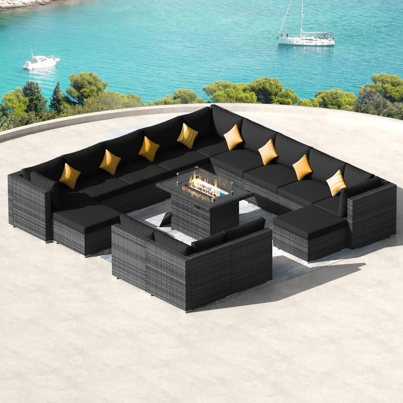 FINCATI 15-Piece Grey Wicker Patio Conversation Sofa Set with Ottomans, 43″ Fire Pit Table