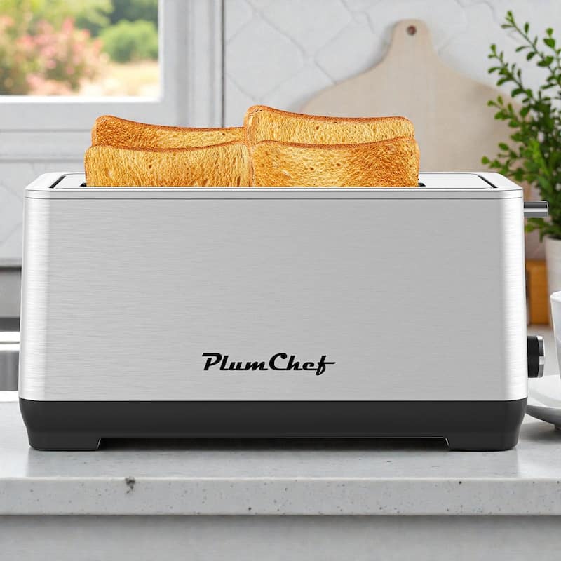 4 Slice Extra Wide Long Slot Toaster, Stainless Steel 1500W Toaster with 6 Browning Levels, Bagel Defrost - Silver