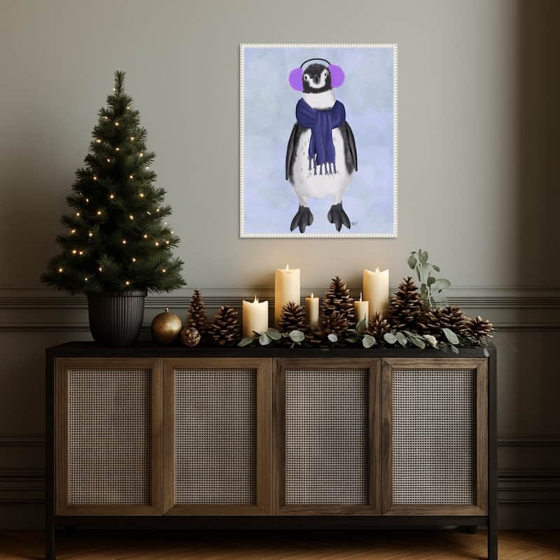Penguin Ear Muffs by Fab Funky (23 x 28 in.), Framed Canvas Wall Art Print - Sylvie Beaded White