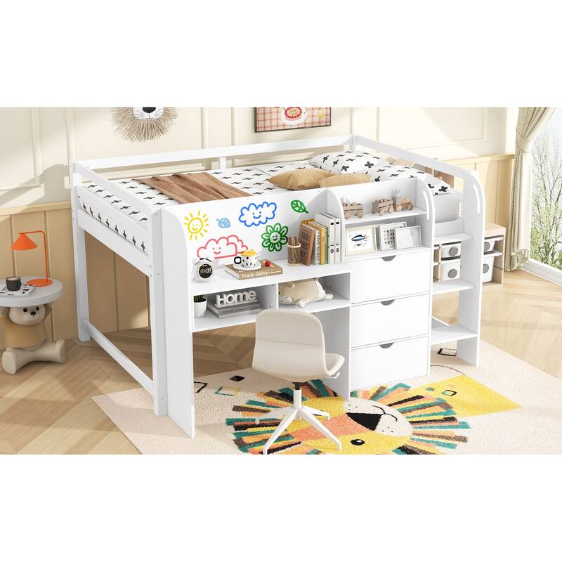 Full Size Low Loft Bed with Built-in Desk,Storage Cabinets and Open Bookcase,Whiteboard for Graffiti,White(ETA:7/8)