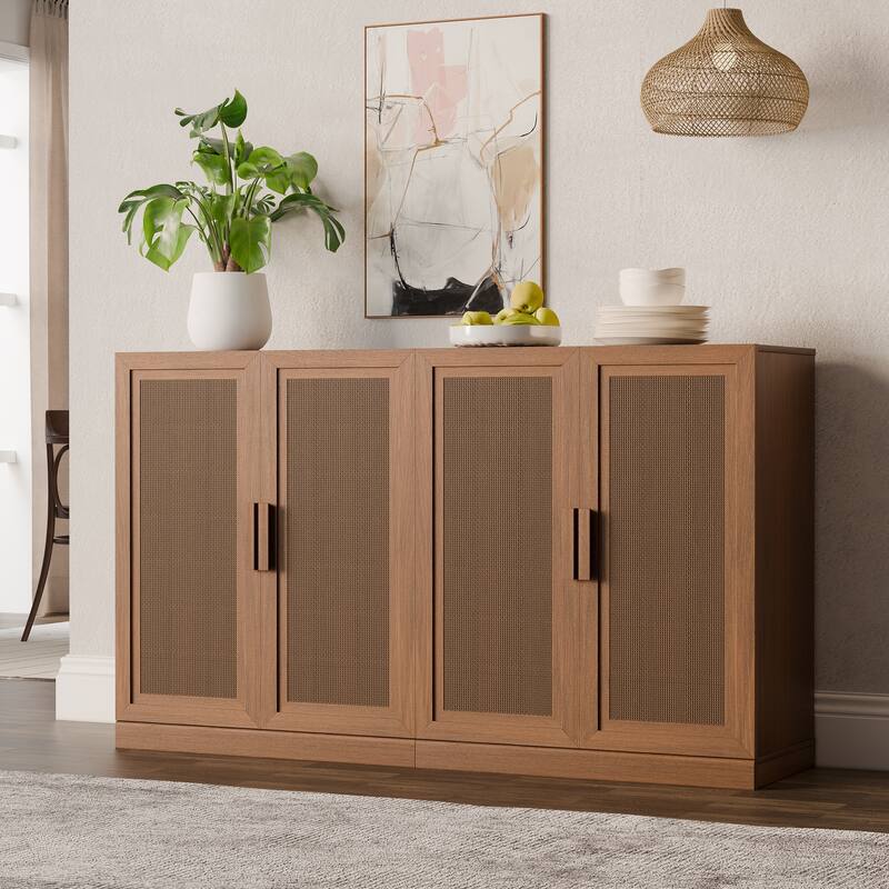 3-Set Rattan Door Sideboard Buffet Storage Cabinets with Adjustable Shelves - 93"Lx36"H