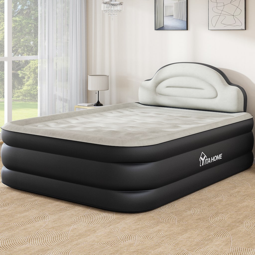 Cloud-shaped inflatable mattress with a built-in power cord, fixed pump head, and inflatable headboard