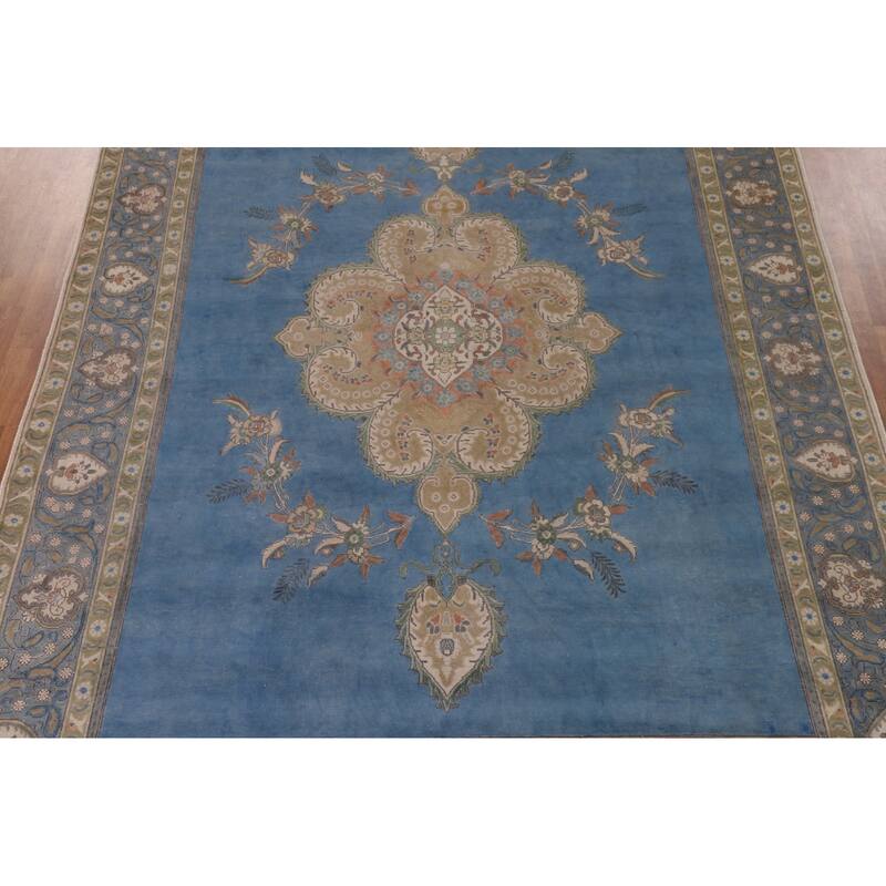 Over-Dyed Blue Tabriz Persian Vintage Rug Handmade Wool Carpet - 9'10"x 13'0"
