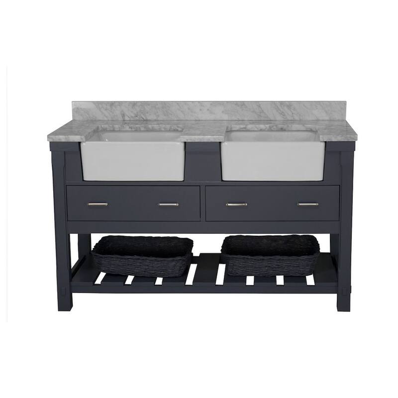 KitchenBathCollection Charlotte 60" Double Farmhouse Vanity with Carrara Marble Top
