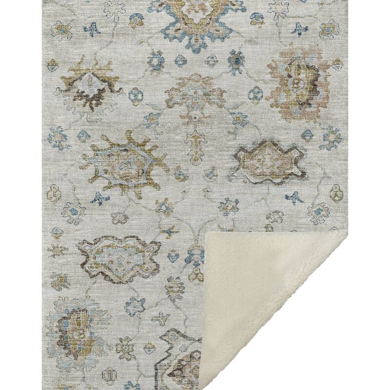 HomeRoots 50" X 70" Linen Coffee And Teal Floral Microfiber Plush Throw Blanket