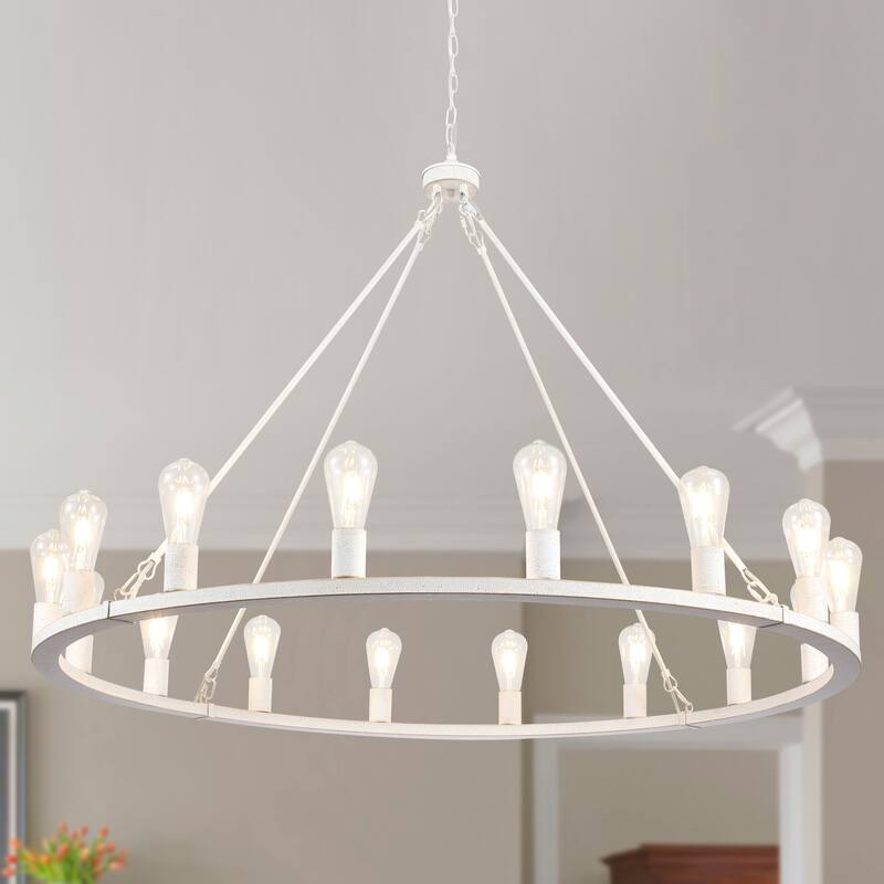 16-Light Vintage Circle Candlestick Wagon Wheel Chandelier Linear Chandelier Lighting for Kitchen Island - Vintage White