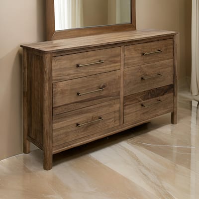 Olum 62 Inch Dresser, 6 Drawers, Metal Handles, Solid Mango Wood, Brown