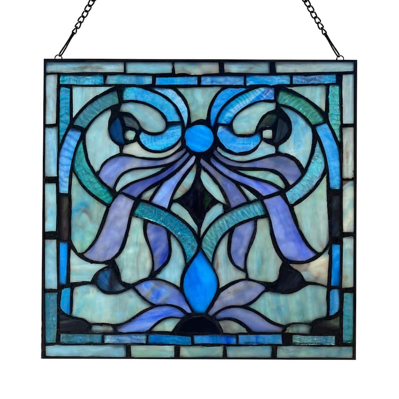 River of Goods Blue Classic Geometric Floral River of Goods Stained Glass Window Panel - 12" x 0.25" x 12" - Blue
